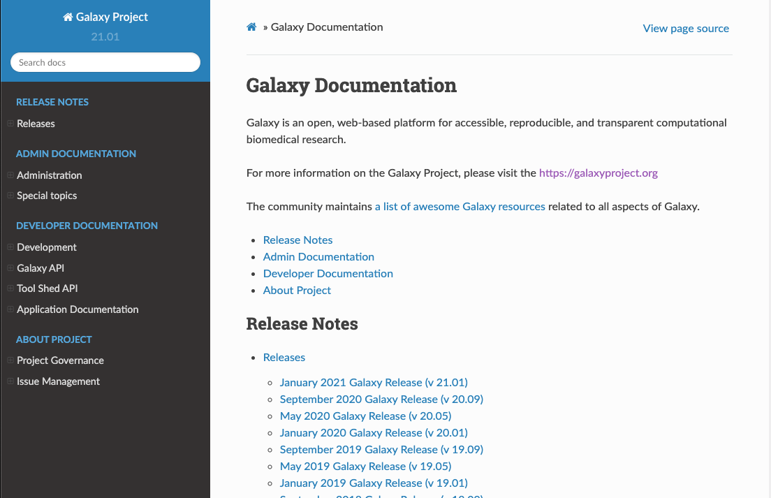 Screenshot of the Galaxy documentation webpage showing the release versions. 