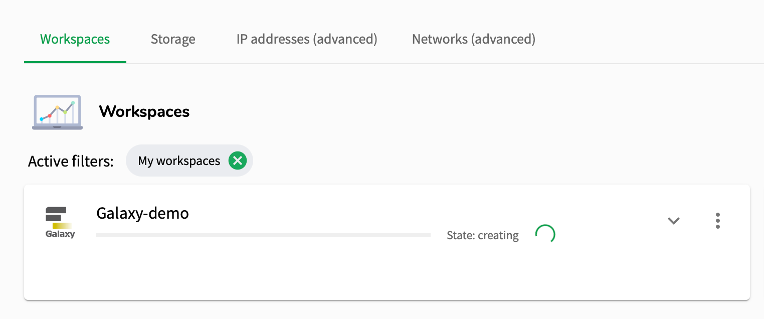 A galaxy instance named galaxy demo is in status creating.