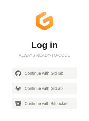 GitPod sign-in menu with various options, including GitHub. 