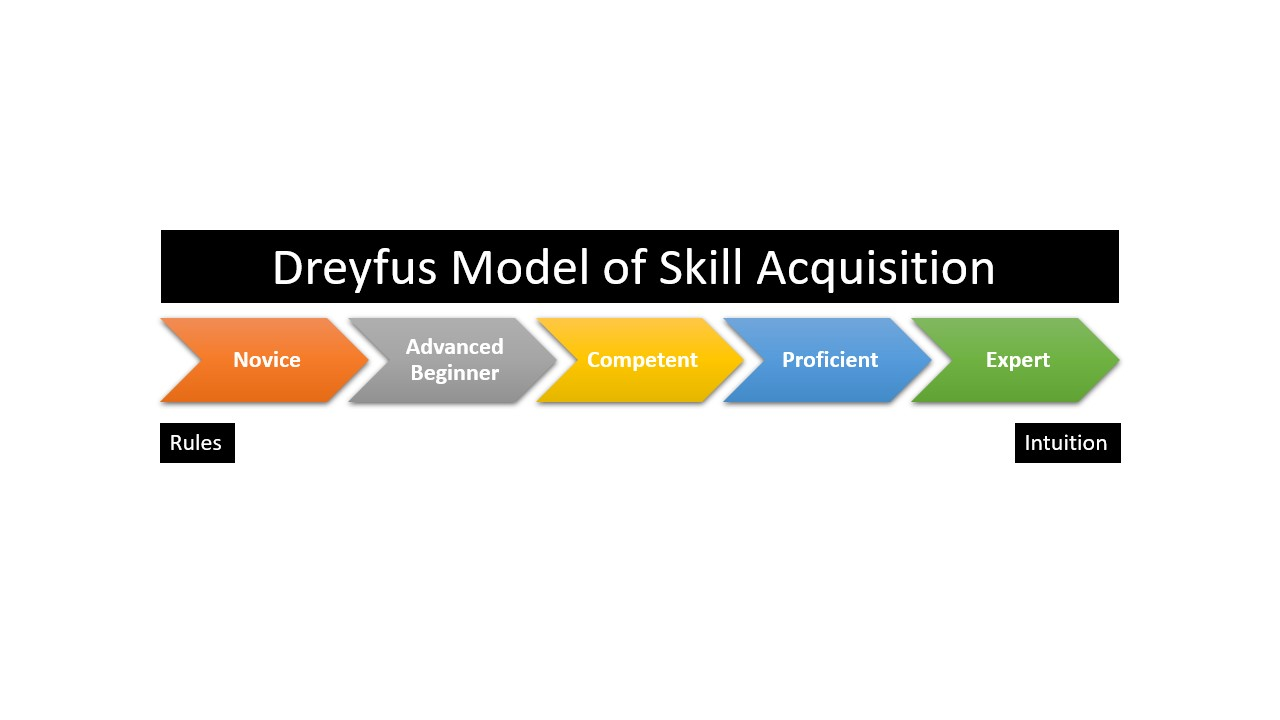 A representation of the Dreyfuss model, as a gradient bar. Starting from the left, is the Novice which relies primarily on rules to organize their skills. The Novice, with experience, transitions to Advanced Beginner and then competent, increasing the use of their intuition along with the rules. The next two stages are Proficient and Expert (at the right end of the bar), which know relies almost exclusively on their intuition.
