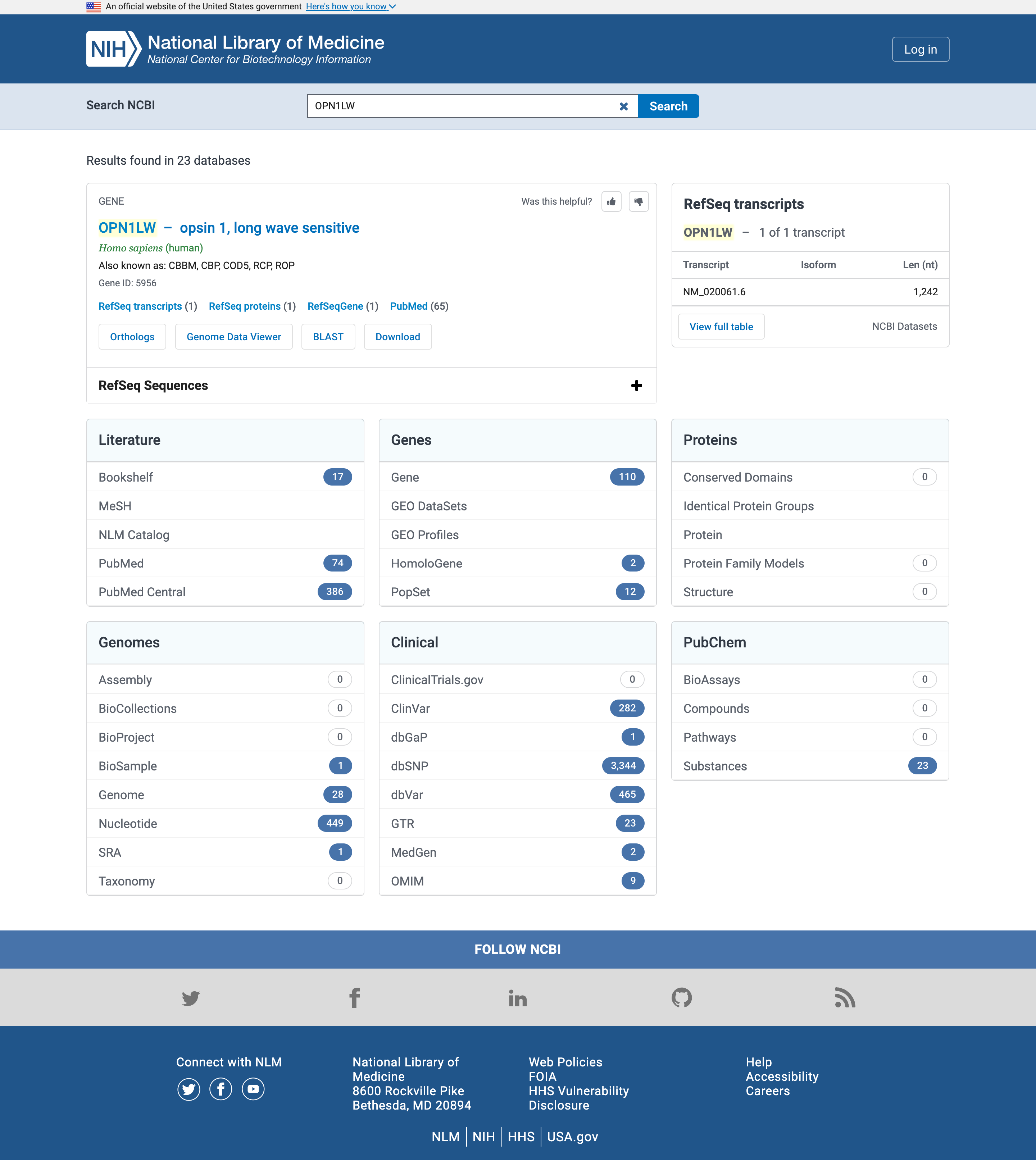 Screenshot of the NIH result page, with cards named Literature, Genes, Proteins, genomes, Clinical and PubChem.
