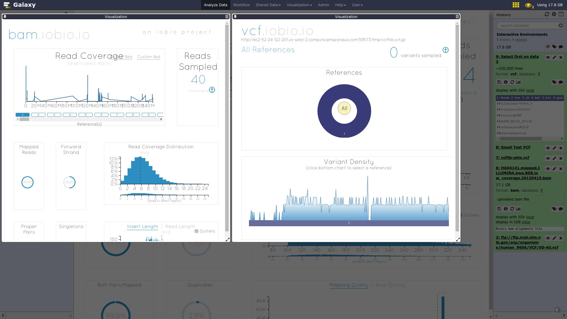 IOBIO are dynamic javascript-y visualisations with lots of constantly updating graphs that are recalculated on the fly. They are shown in two scratchbooks in Galaxy
