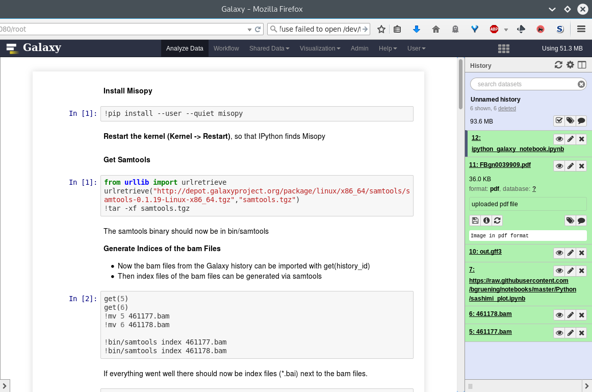 Another screenshot of jupyter in galaxy, this time fetching datasets from galaxy and running samtools.
