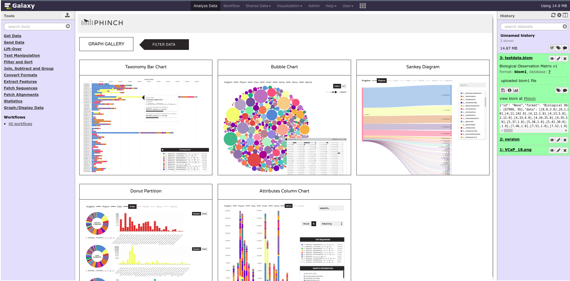 Phinch is shown inside galaxy, another visually intensive graphing application for metagenomics data.