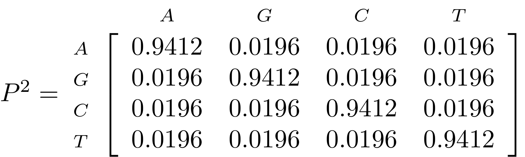 Formula where the probability of sequences changing over two million years P2 is expressed in a matrix with the nucleotides AGCT on both the x and y axis. The probability of changing from any nucleotide to another is 0.0196. Probability of not changing is 0.9412. Long description provided in the video recording at 13:12.