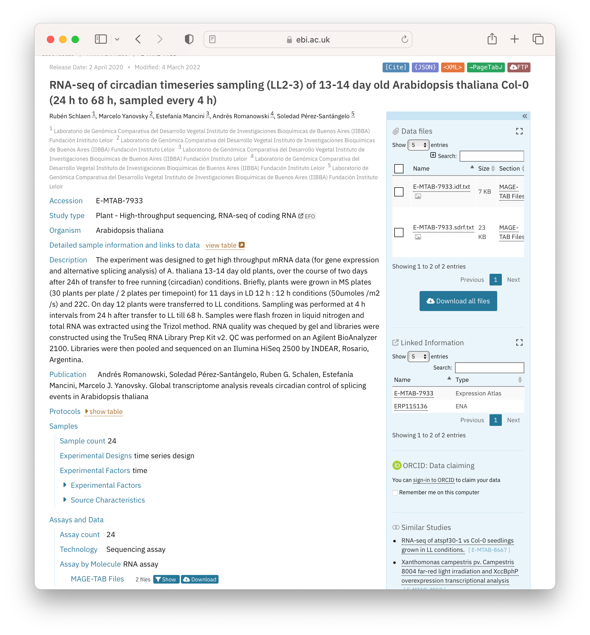 A screenshot of a plant RNAseq dataset housed in BioStudies showing rich metadata like accession, study type, publication, etc.