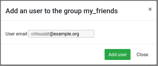 Screenshot of adding a user in the permapol to the previous group, my_friends. The user email is filled out to an example value.