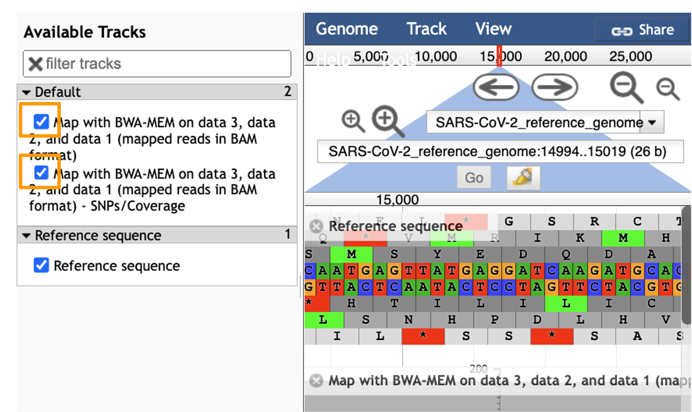 Screenshot of JBrowse viewer. The Available Tracks sidebar is shown, with both sample data boxes checked.