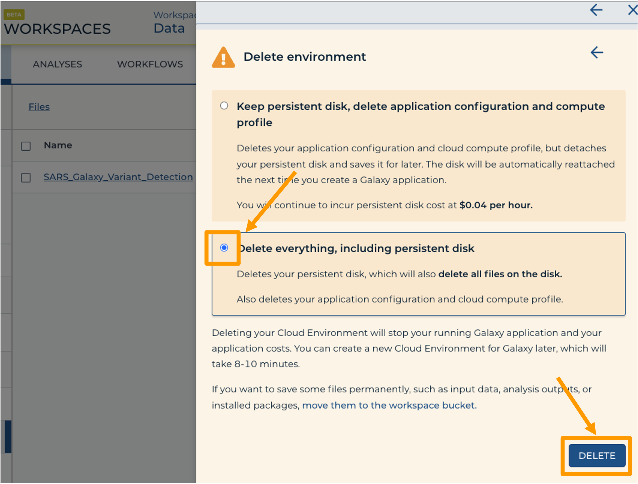 Screenshot of the cloud environment pop out menu. The “Delete everything, including persistent disk” radio button has been checked and is highlighted. The “DELETE” button is highlighted.