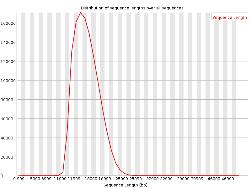 A graph with a main peak around 15,000bp for PacBio HiFi run.