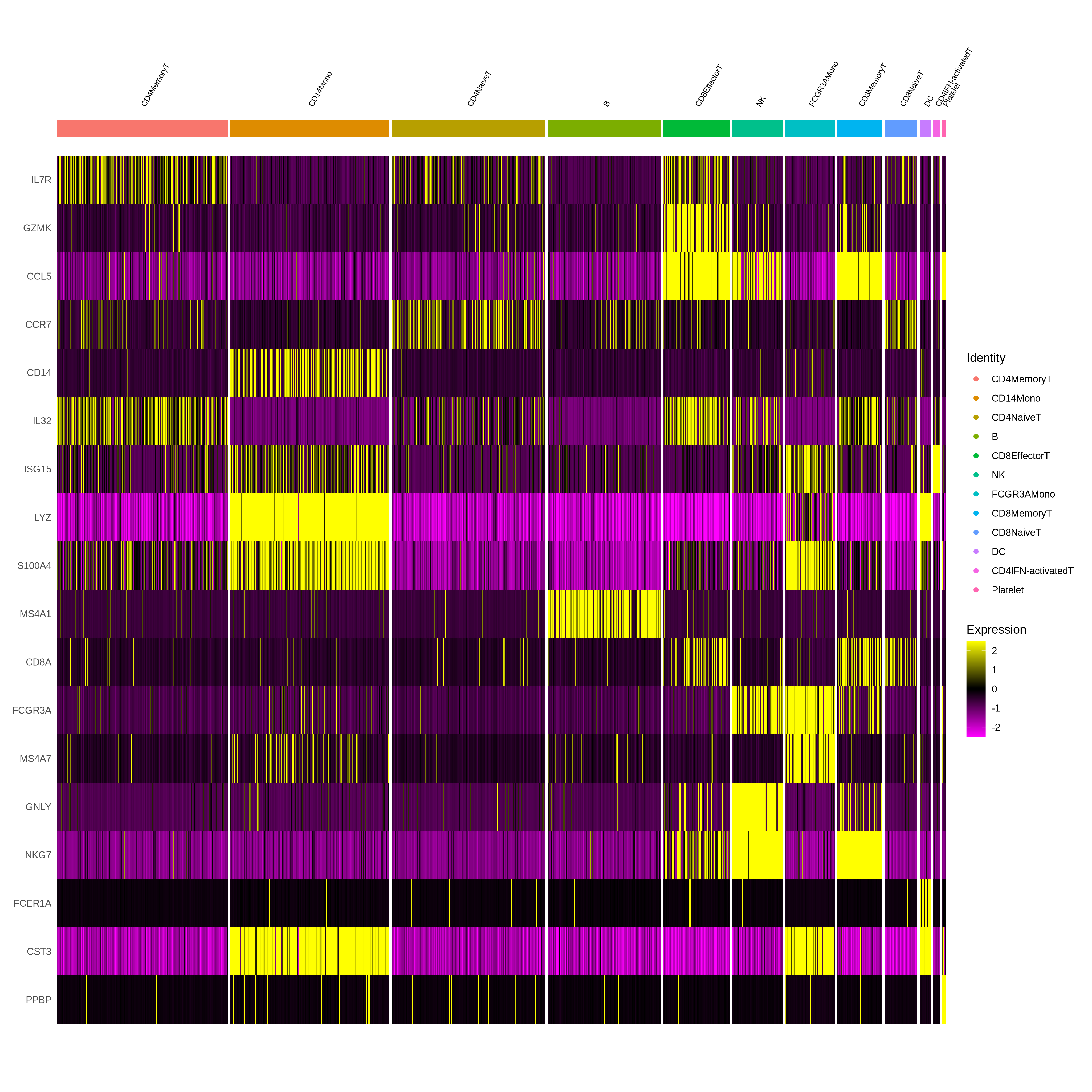 Heatmap showing expression of IL7R mainly in CD4MemoryT, CD4NaiveT, and CD8EffectorT cells, expression of GZMK in CD8EffectorT cells and some CD8MemoryT cells, expression of CCL5 in CD8EffectorT, CD8MemoryT and most NK cells, expression of CCR7 mainly in CD4NaiveT and CD8NaiveT cells, expression of CD14 in CD14Mono cells, expression of IL32 in CD4MemoryT, CD8EffectorT, and CD8MemoryT cells as well as some NK cells, expression of ISG15 in CD4IFN-activatedT cells as well as some CD14Mono and FCGR3AMono cells, expression of LYZ in CD14Mono and DC cells, expression of S100A4 mainly in CD14Mono and FCGR3AMono cells but also in some CD4MemoryT cells, expression of MS4A1 in B cells, expression of CD8A in CD8EffectorT, CD8MemoryT, and CD8NaiveT cells, expression of FCGR3A in FCGR3AMono and NK cells as well as some CD8MemoryT cells, expression of MS4A7 in FCG3RAMono cells with some expression by CD14Mono cells, expression of GNLY in NK cells, expression of NKG7 in NK and CD8MemoryT cells as well as some CD8EffectorT cells, expression of FCER1A in DC, expression of CST3 in CD14Mono, FCGR3AMono and DC cells, and expression of PPBP in Platelets.
