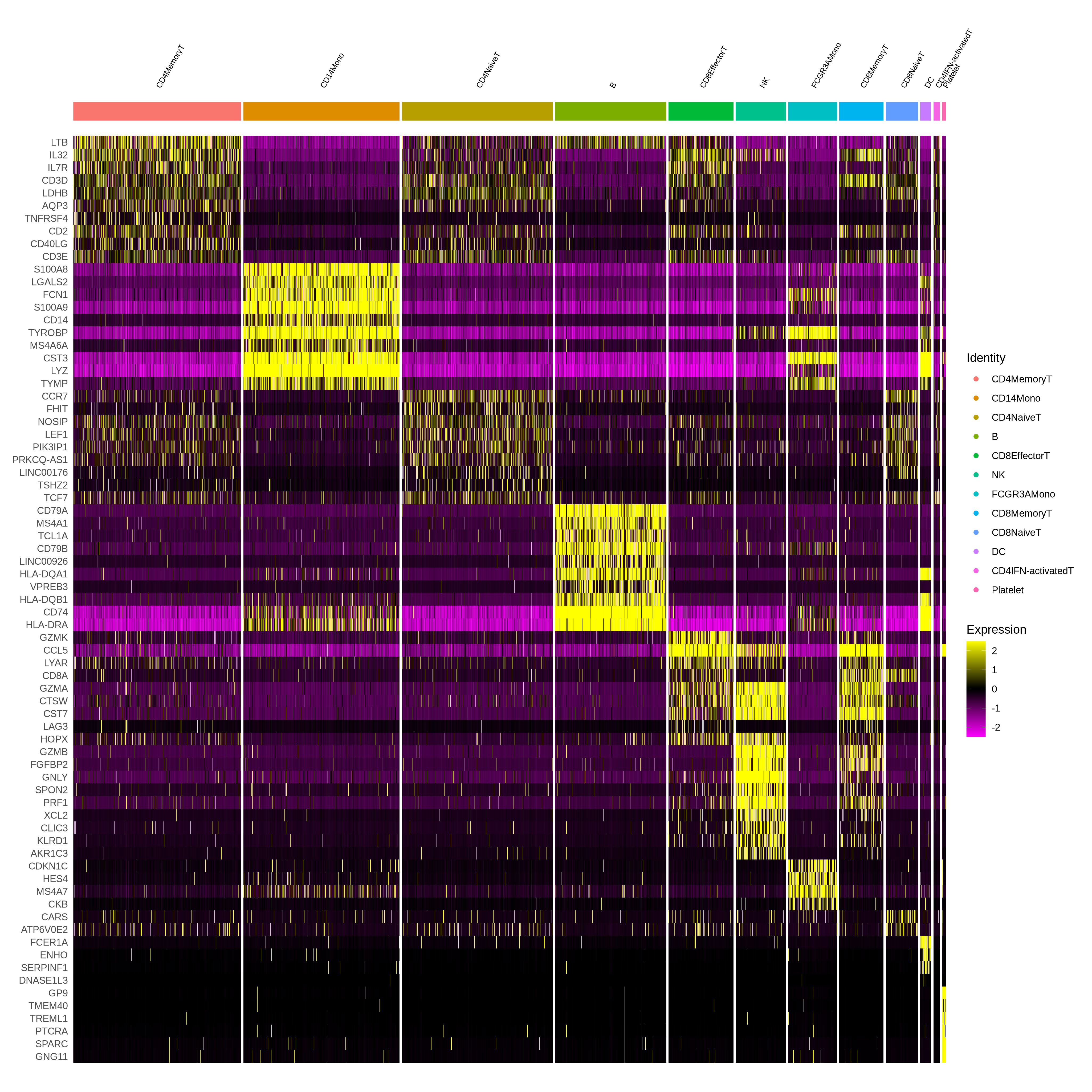 Heatmap showing blocks of higher expression for the top 10 markers in the clusters they are markers for. Most cells in each cluster express the markers for that cluster but the patterns are stronger for some genes than others. Some cells outside the clusters also express the markers. For example, the different T cell subtypes often show high expression of the top markers for other T cell groups.