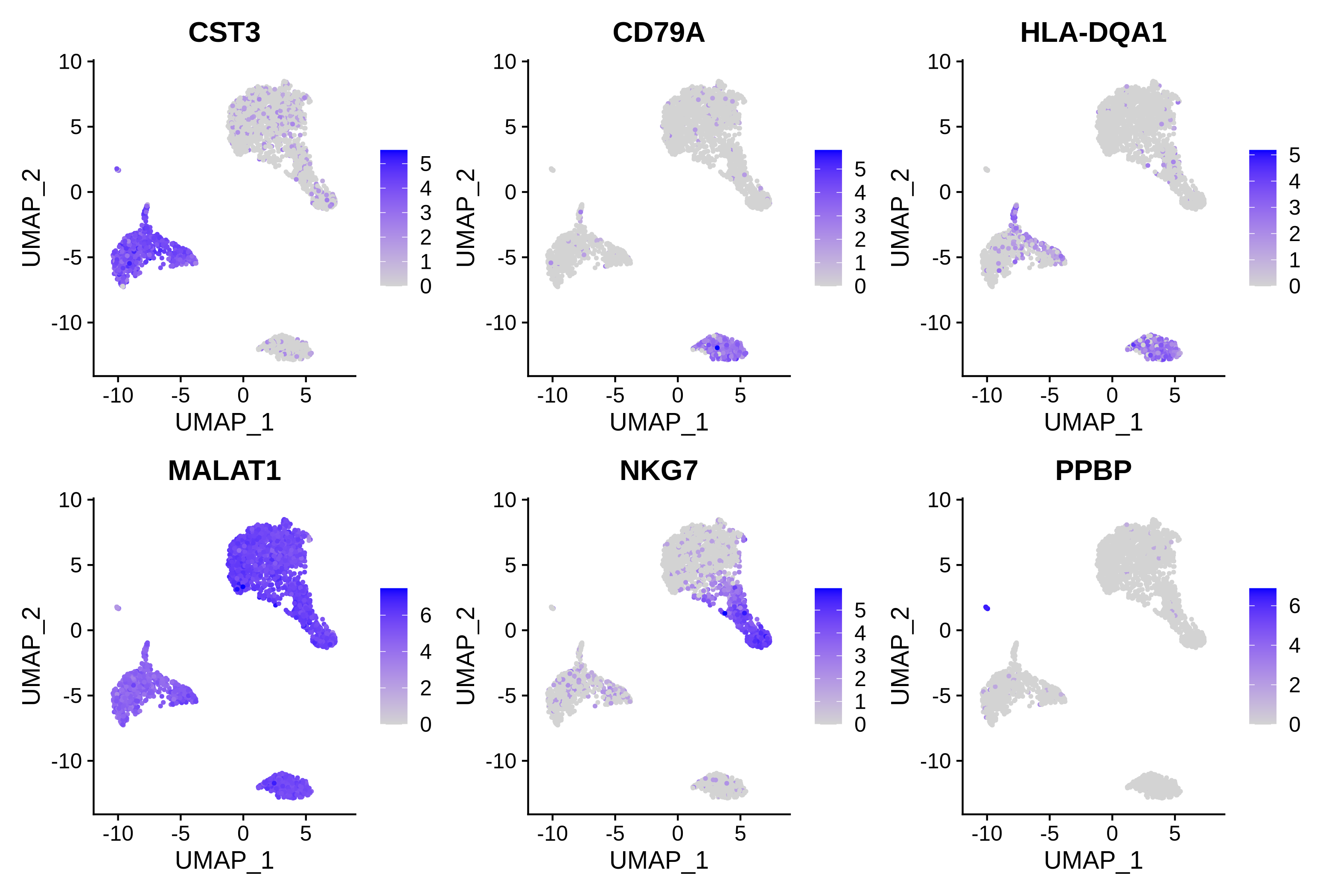 Six versions of the same UMAP plot, each coloured by the expression of a different gene. MALAT1 shows higher expression in the clusters where CST3 expression is low. CD79A expression is highest in cluster 3 while NKG7 expression is highest in clusters 4 and 6. HLA-DQA1 expression is mainly in clusters 3 and 7 while PPBP expression is mostly in the tiny cluster 8.
