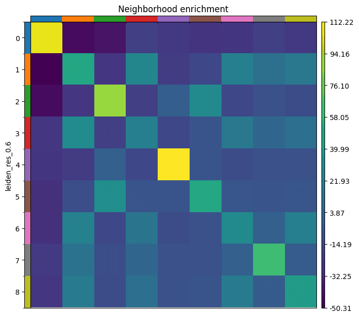 Heatmap of neighbourhood-enrichment z-scores for all pairs of the nine Leiden groups.