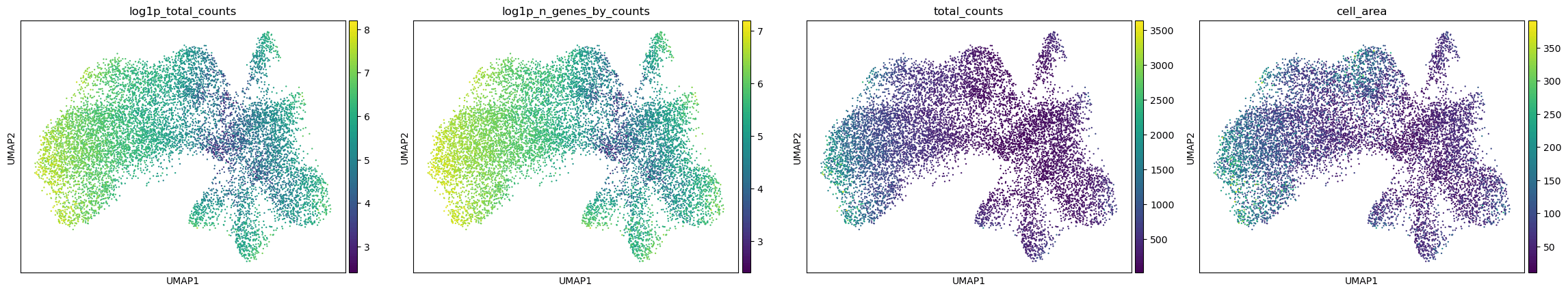 Four UMAP panels coloured by log total counts, log detected genes, total counts and cell area.