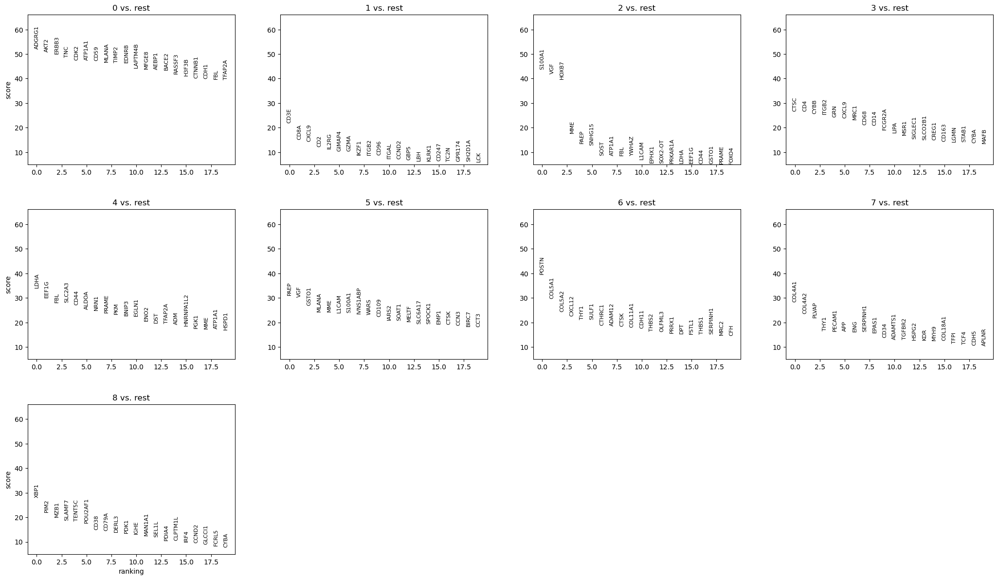 Nine panels, one per Leiden group, each listing the top twenty ranked genes against their test score.