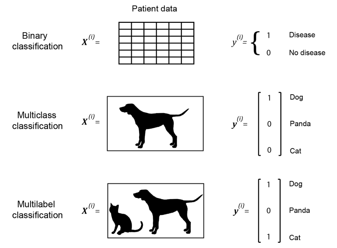 Three images illustrating binary, multiclass, and multilabel classifications and their label representation. 