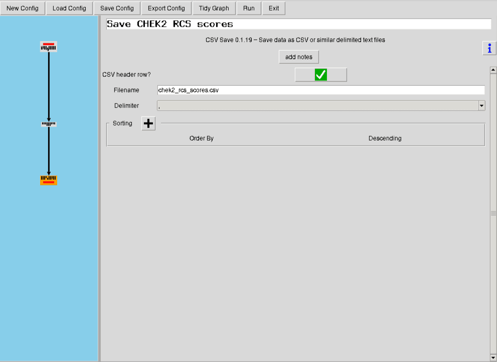 CountESS GUI showing the CSV Save node named Save CHEK2 RCS scores, configured to write chek2_rcs_scores.csv.