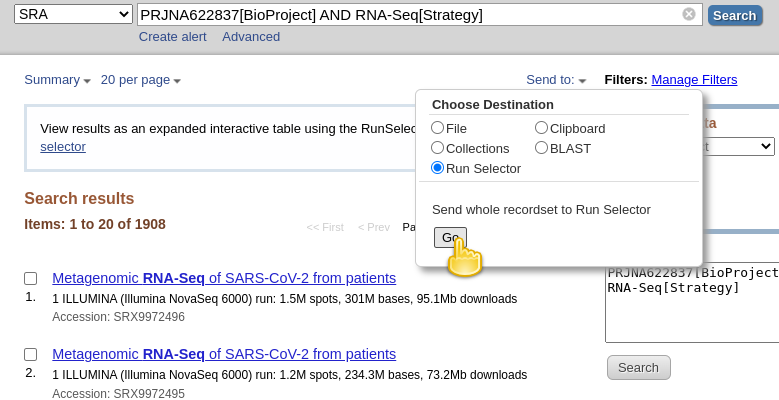 SRA search results with the "Send to:" dropdown configured for sending results to the Run Selector. 