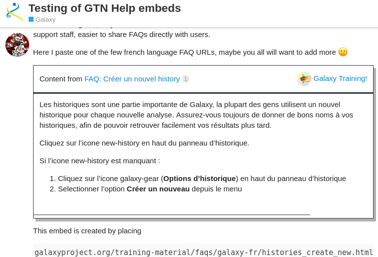 screenshot of a discourse post, a black and white box shows "FAQ: Créer un nouvel history" and the contents of the FAQ. 