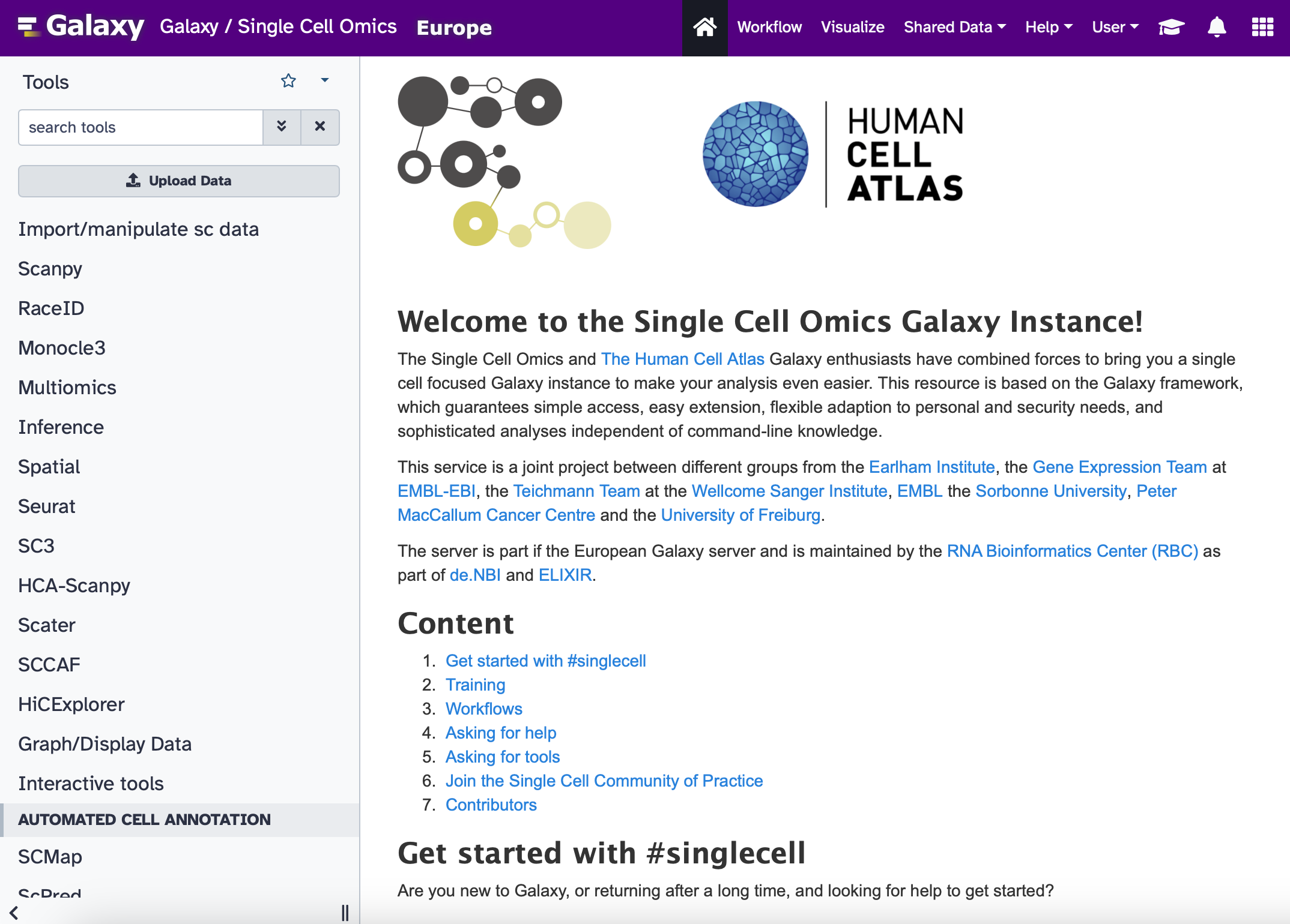 screenshot of the Single Cell Omics subdomain page, with purple mastheader, Single Cell Tools categories along the side, and an updated logo combining the Single Cell Omics connected cells image with the Human Cell Atlas blue embyro logo