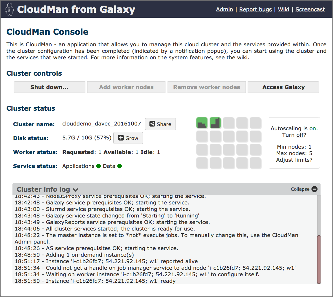 CloudMan interface with two compute nodes shown busy.