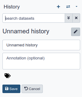 Screenshot of the galaxy interface with the history name being edited, it currently reads "Unnamed history", the default value.