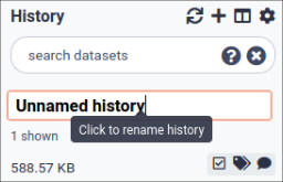 Screenshot of the galaxy interface with the history name being edited, it currently reads "Unnamed history", the default value.