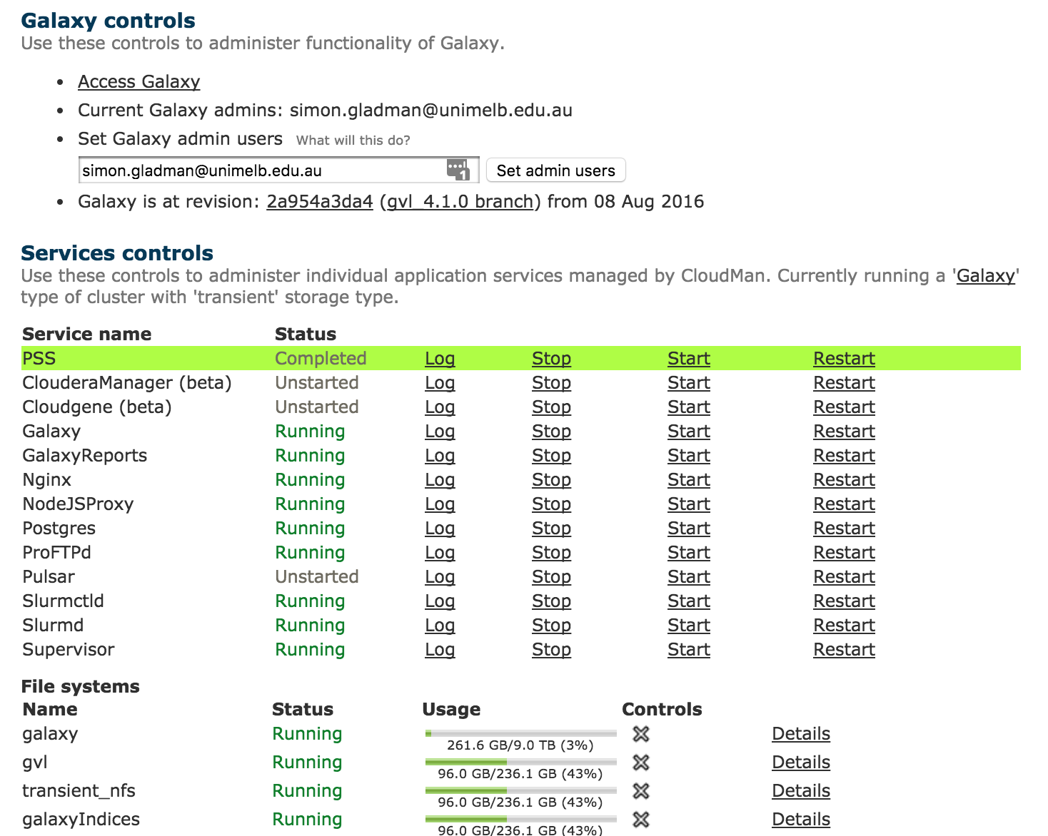 cloudman admin interface showing a list of services which can be started or stopped and their state, like galaxy is running and pulsar is unstarted.