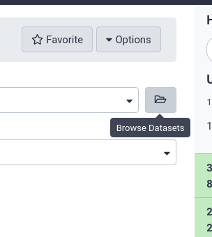 tool form with the folder icon to the right of the dataset selector shown, the button with tooltip "Browse datasets" is highlighted. 