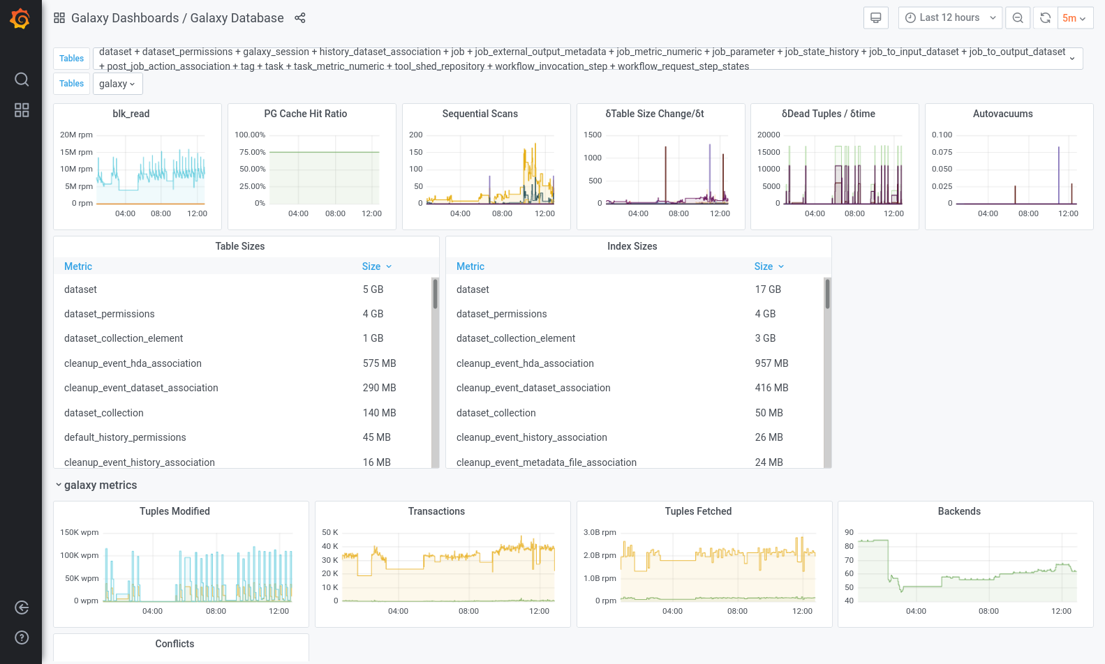 DB dashboard showing transactions, tuples fetched/modified, and index sizes for each database