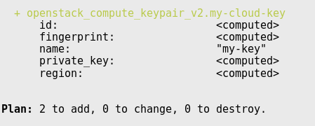 Text in the terminal showing that an openstack compute keypair my-cloud-key is being created. Plan: 2 to add, 0 to change, 0 to destroy