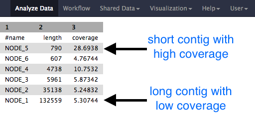 Contig stats file with NODE_5 being the shortest contig with the highest coverage and NODE_1 being the opposite.