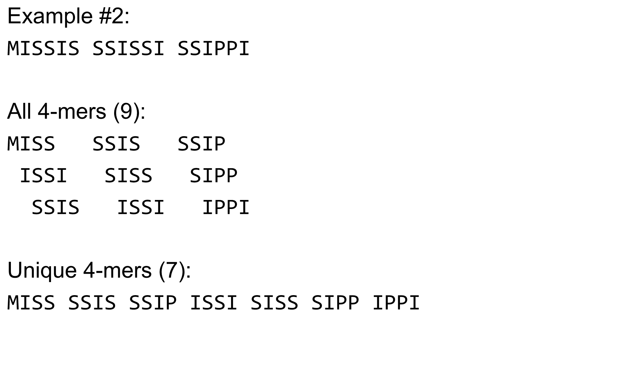 All 4-mers are generated so missis becomes miss, issi, and ssis. These are then uniqued to get 7 unique 4-mers.