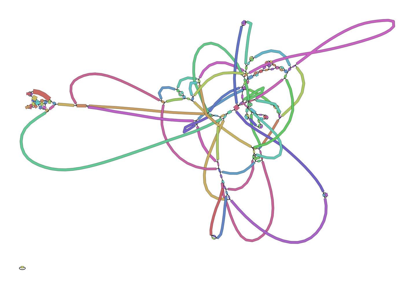 Bandage output showing a mess of a genome graph. 