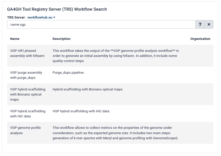 galaxy TRS workflow search field, name:vgp is entered in the search bar, and five different workflows all labelled VGP are listed