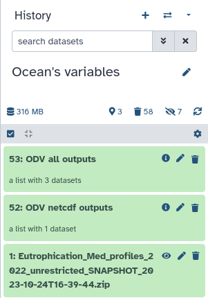 Screenshot of the 3 new outputs present in your galaxy History. 