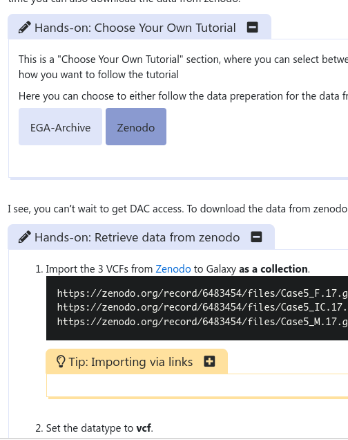 same tutorial but with the second option selected, accessing data stored on Zenodo and a hands on box instructing the student to download from URL