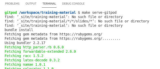 output in the terminal after issuing the make serve-gitpod command. 