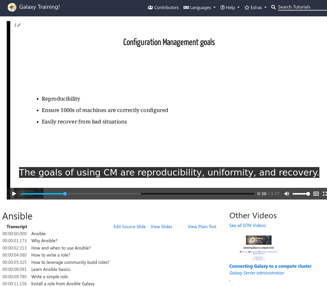 screenshot of the GTN's video player showing a slide about configuration management, with a transcript and recommended other video below