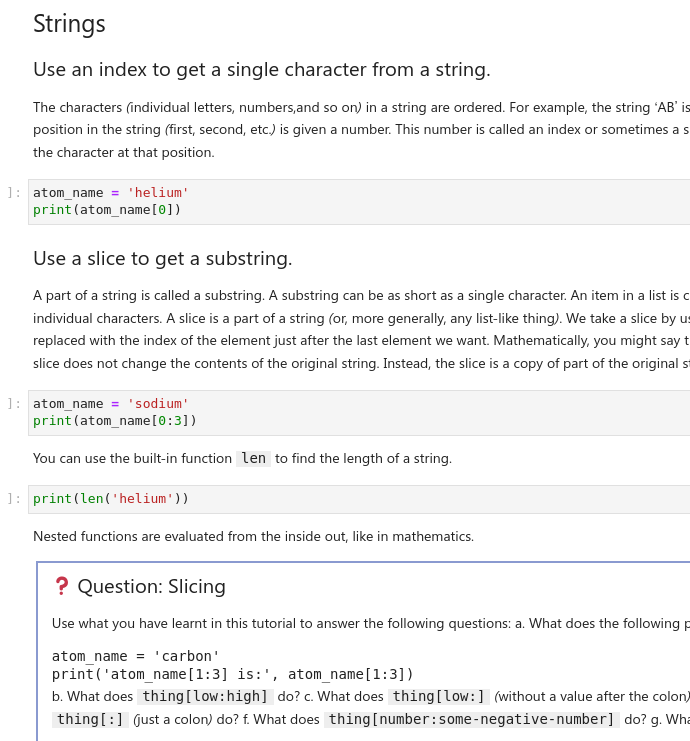 screenshot of a jupyter notebook showing the tutorial contents, including normal question and solution boxes.