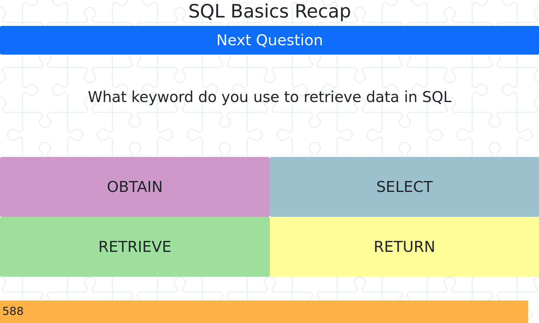 Image of the quiz with the question "What keyword do you use to retrieve data in SQL" and four options in pastel colours.