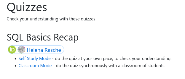 image of the gtn section on quizzes with a SQL basics recap quiz, offering self study and classroom modes.