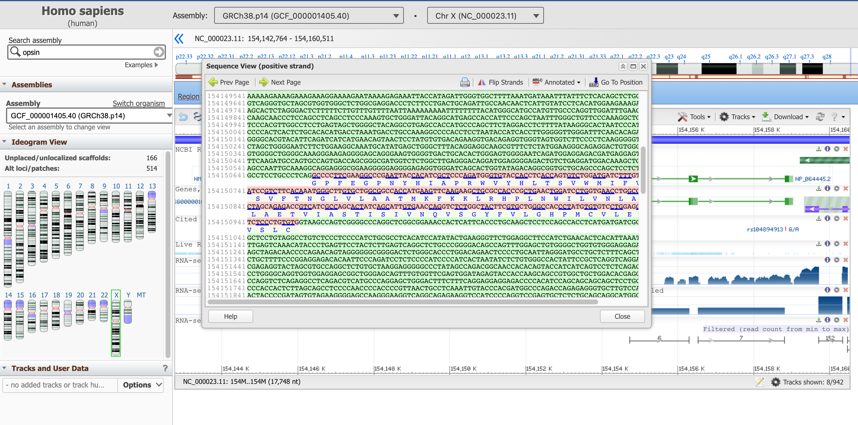 Screenshot of the sequence view of the NHI resource, text is highlighted in different colors.