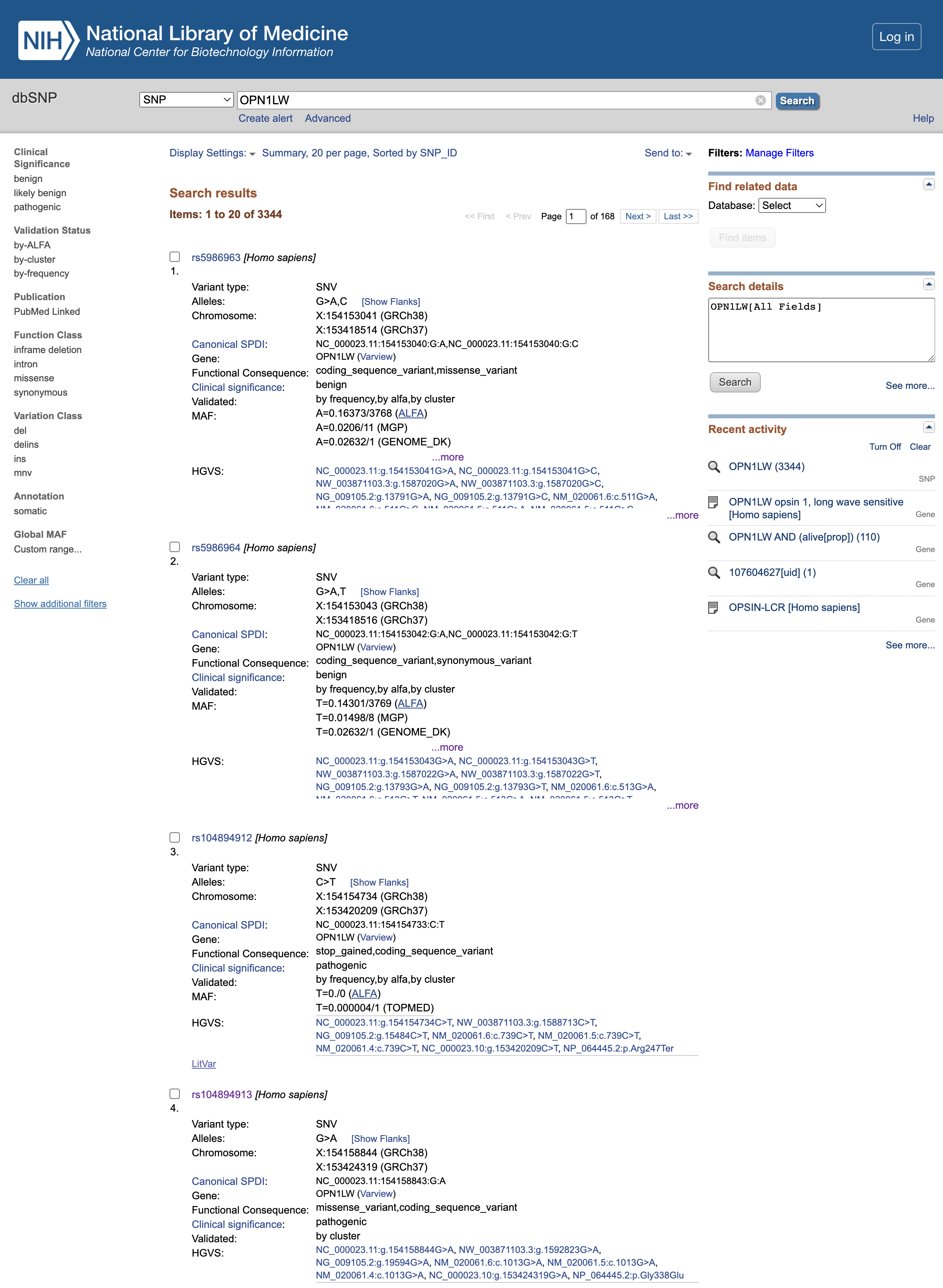 Screenshot of the dbSNPs page about gene OPN1LW. Three main panels, the one on the left to filter the search based on tags, the central showing results, the right for a more detailed and programmatic search.