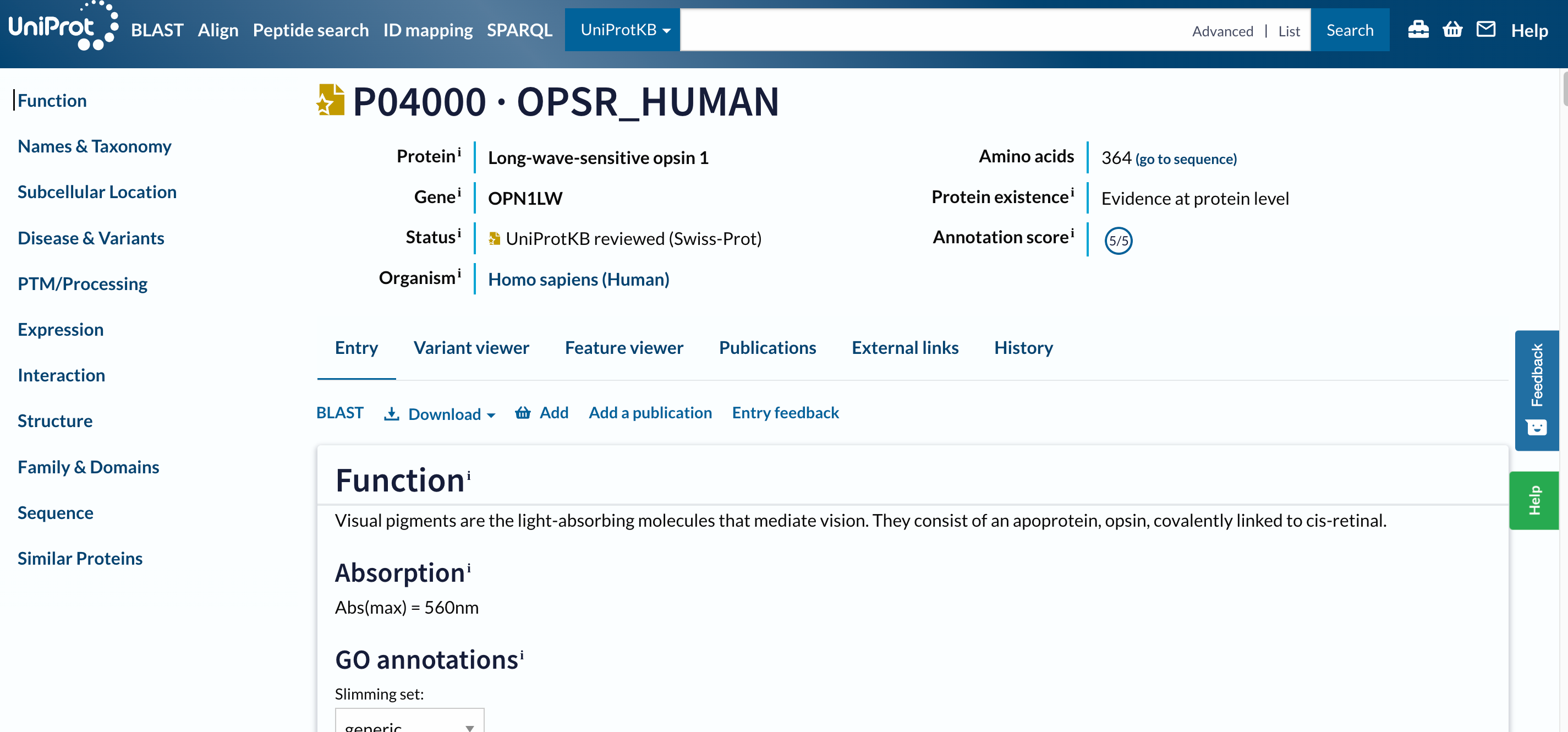 Screenshot of the UniProt entry page header. 
