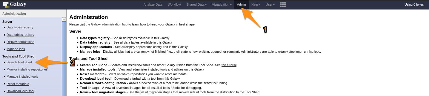 admin interface of galaxy with an arrow to search tool shed