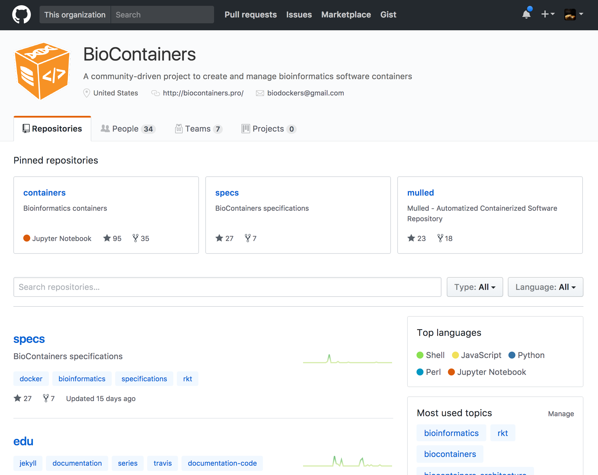 screenshot of biocontainers github page. 
