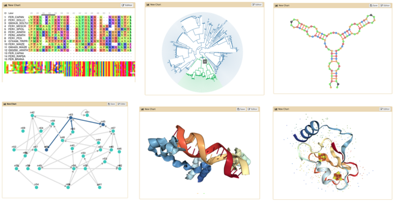 Examples of 6 different visualisations in galaxy features an MSA, a couple graphs, RNA structure, and 3d visualisations of proteins. 