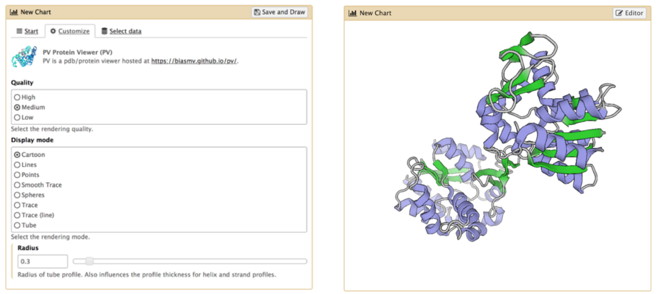 Configuration for the protein viewer is shown on the left, a 3d structure of a protein shown on the right. 